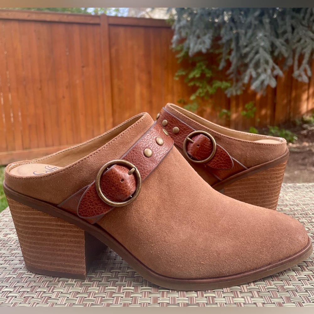 Sofft Corey Brown Suede Leather Belted Studded Western Mule Clogs US size 11.